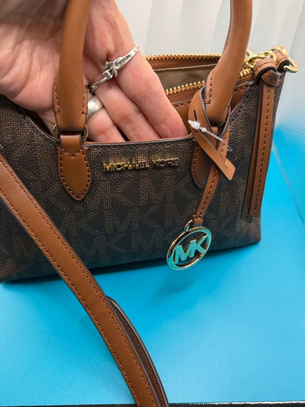 Michael Kors Brown & Tan Logo Satchel with Gold MK Charm - Picture 7 of 10